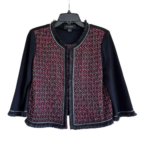 ST. JOHN MILANO KNIT TWEED BOUCLE FRINGE CROPPED JACKET - Picture 1 of 4